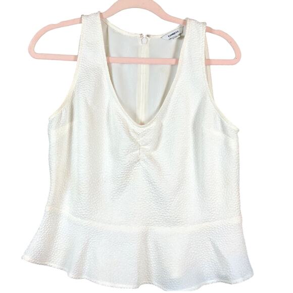 Express Womens Blouse Ivory Textured Ruched V-Neckline Peplum Tank Stretch M - Picture 1 of 11